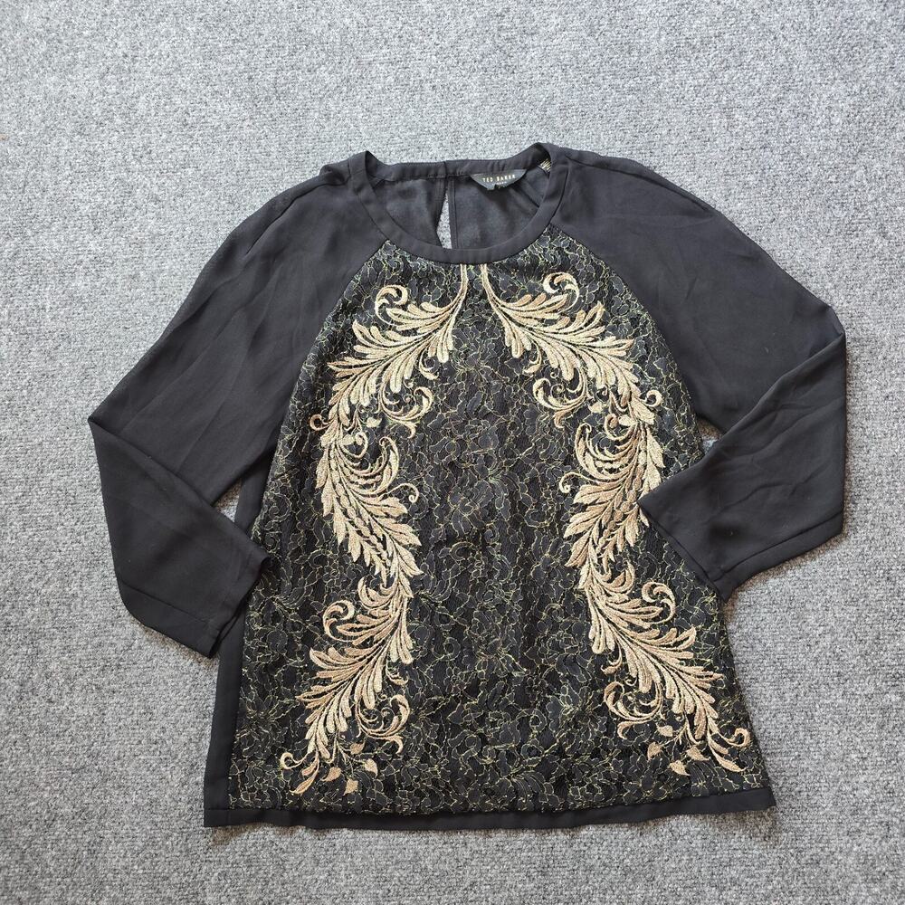 Ted Baker Top Womens Medium Black Gold Embroidery Floral Sheer Classic Cocktail